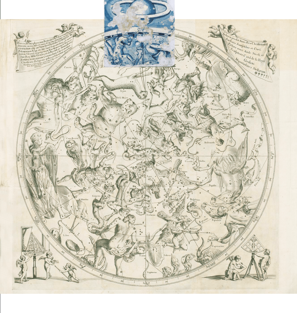 Johannes Hevelius, Prodromus Astronomia, volume III: Firmamentum Sobiescianum, sive Uranographia, plate 55: Northern hemisphere, 1690. Carol la Haye after Andreas Stech. Machado de Castro National Museum tiles collection.