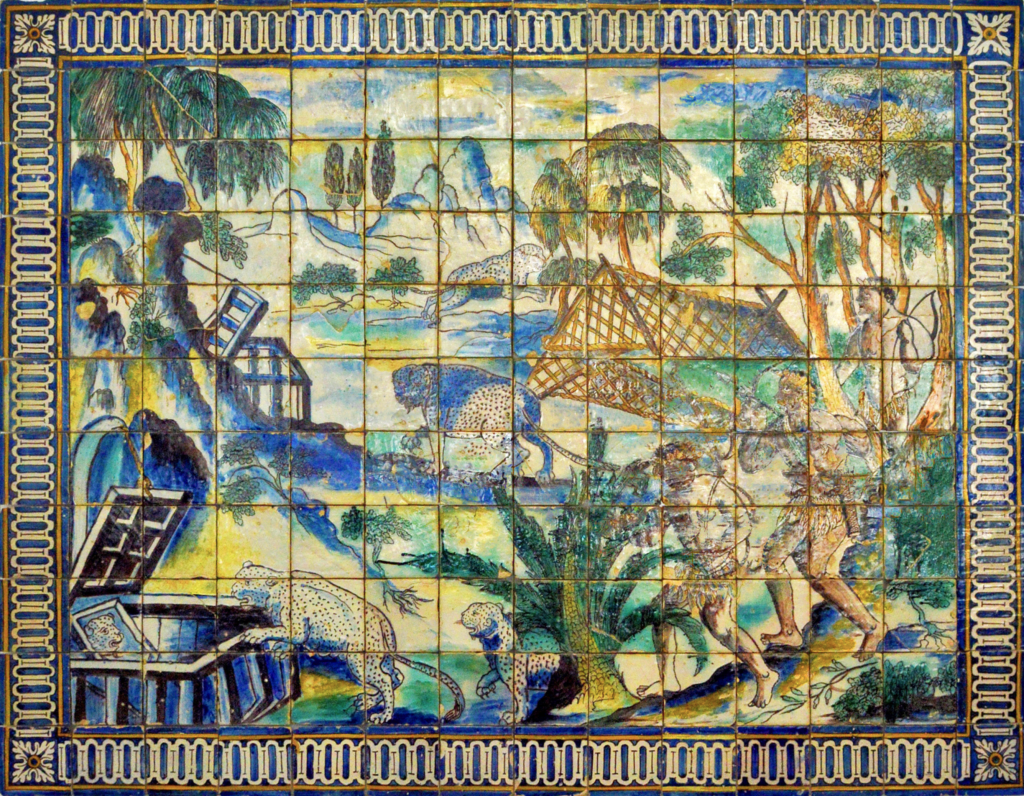 Leopard hunting with mirrors. Olarias de Lisboa, c. 1660-1670. Museu Nacional do Azulejo nº 137